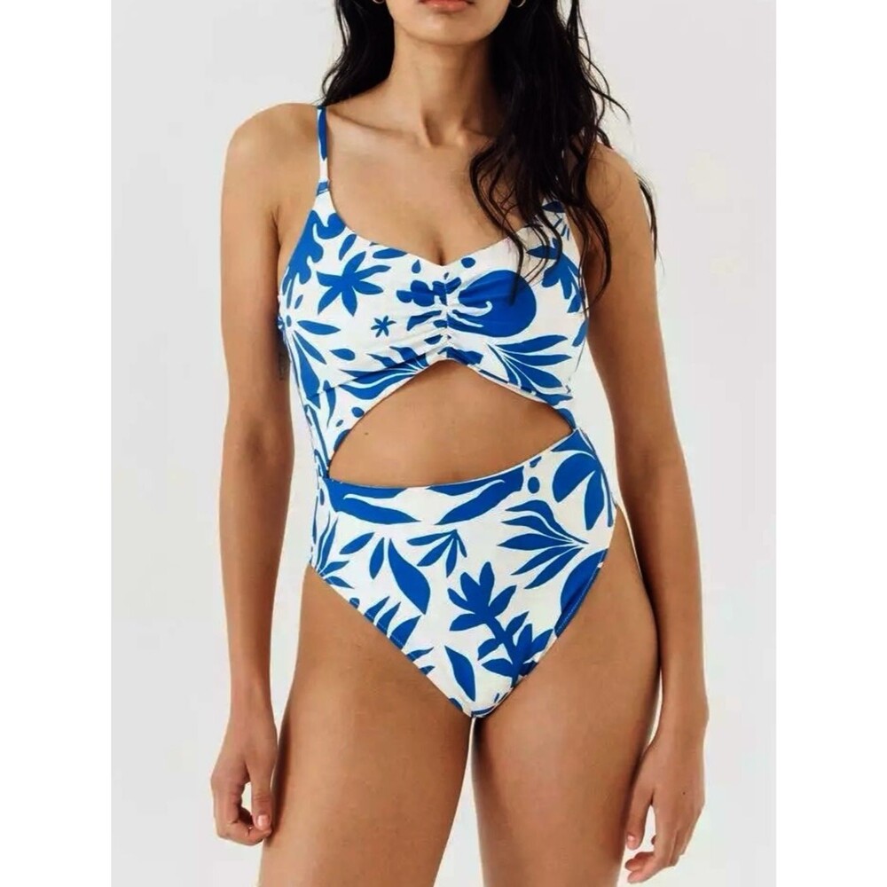 NWT H&M Blue White Cutout One Piece Swimsuit Size XL High Leg Padded V Neck NEW